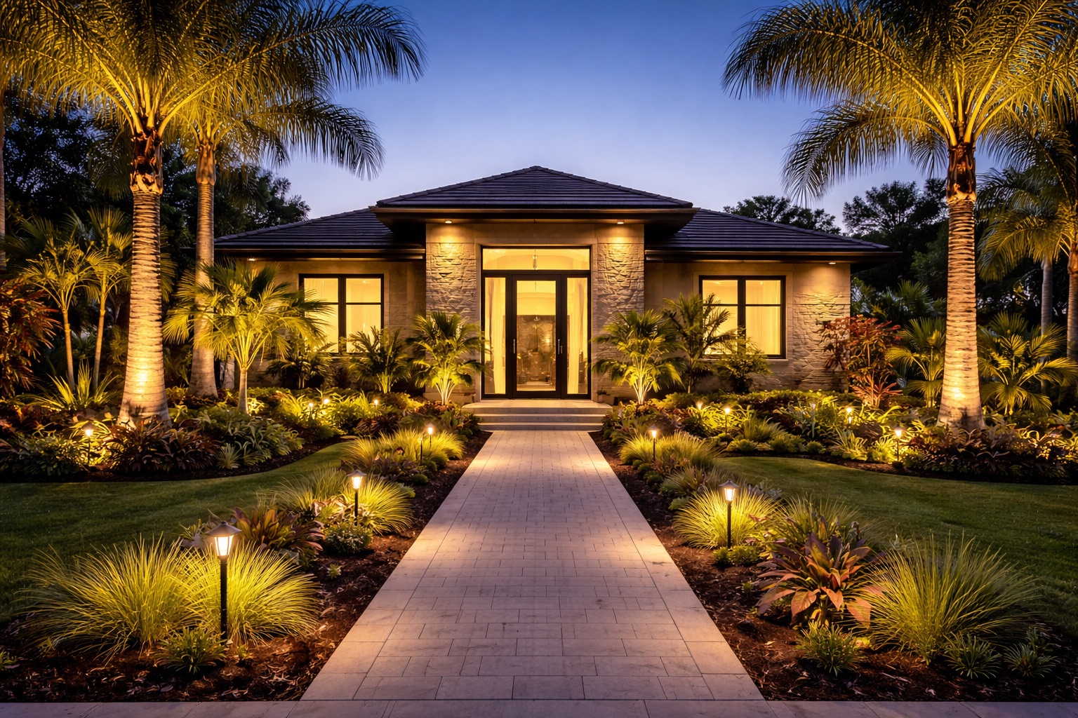 Home with warm landscape lighting