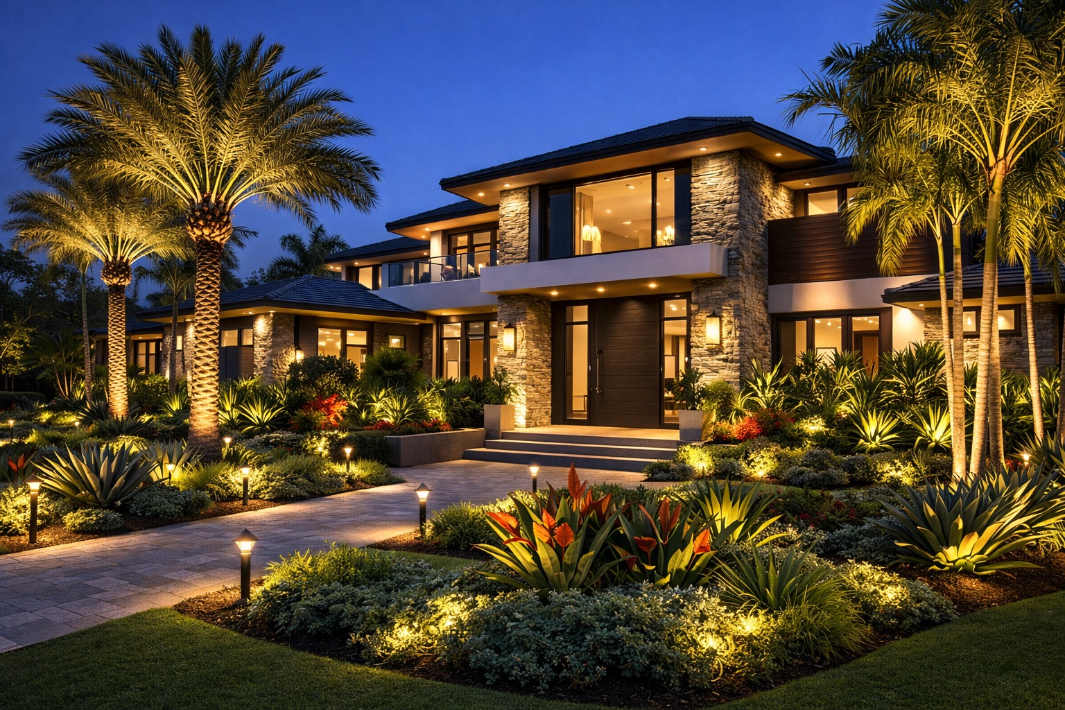 Warm lighting illuminating a home and tropical landscape at dusk